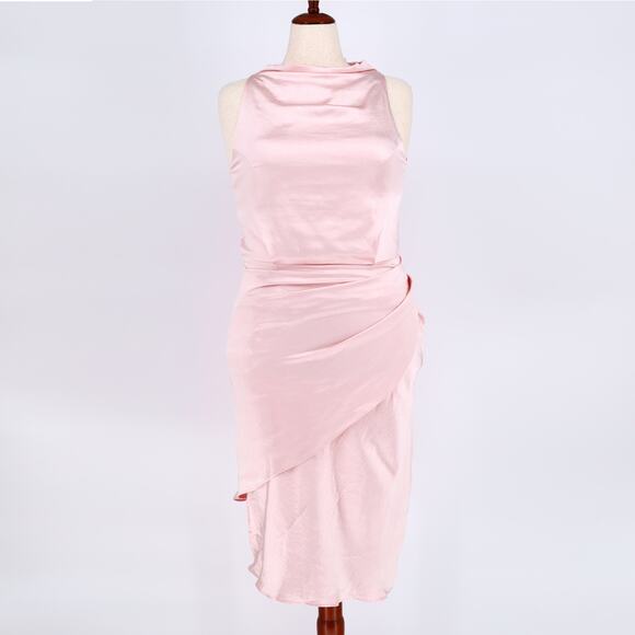 Elliatt Women Light Pink Satin Asymmetric Cocktail Tulip Midi Dress Size L - Picture 1 of 3